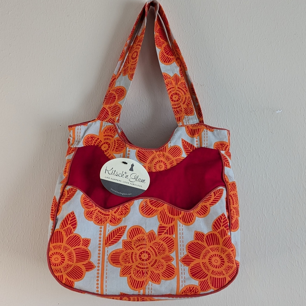 Kitsch N' Glam Orange Red Floral Tote Outer Inner Pockets Zip Close Boho NWT
